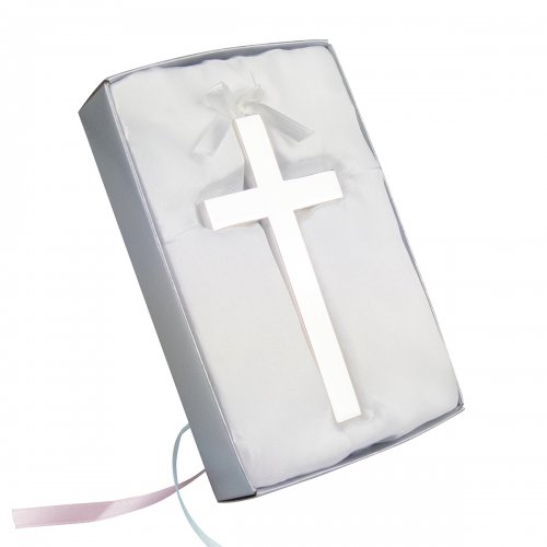 Kors i nysilver med blått och rosa silkesband